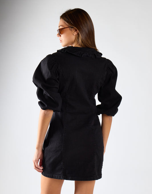 Black V-Neck Button Front Mini Dress