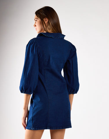 Dark Stonewash V-Neck Button Front Mini Dress