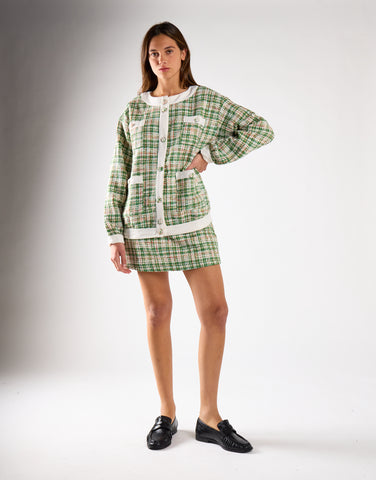 Green-Tweed-White Button-Front Long Sleeve Jacket