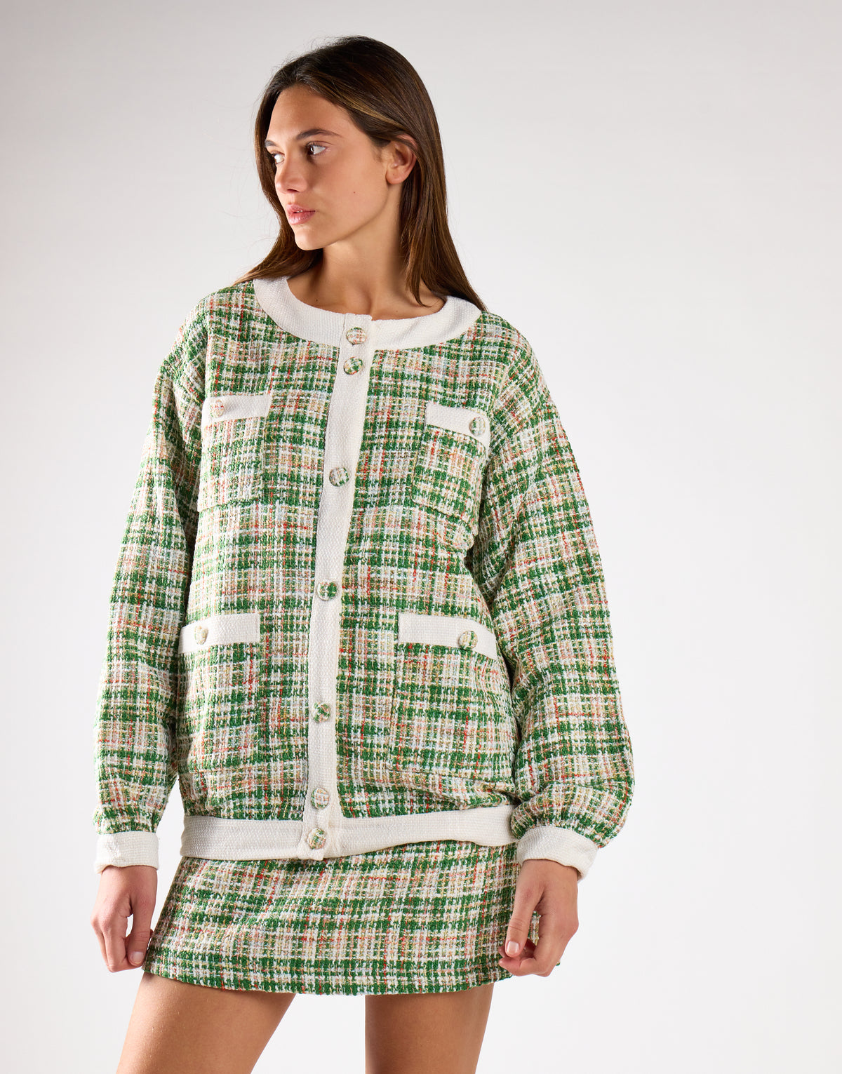 Green-Tweed-White Button-Front Long Sleeve Jacket