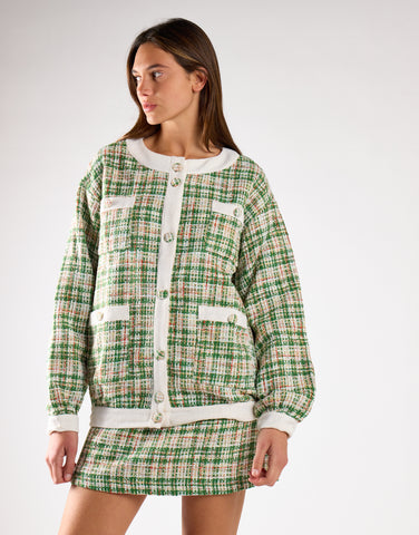 Green-Tweed-White Button-Front Long Sleeve Jacket