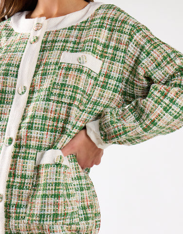 Green-Tweed-White Button-Front Long Sleeve Jacket