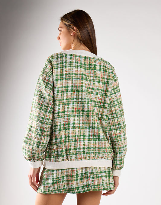 Green-Tweed-White Button-Front Long Sleeve Jacket