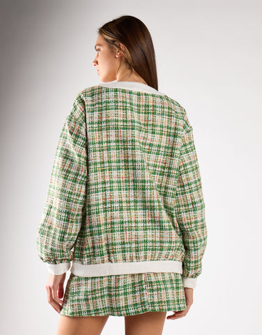 Green-Tweed-White Button-Front Long Sleeve Jacket