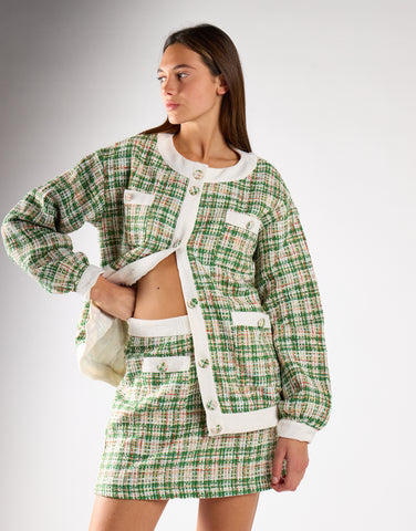 Green-Tweed-White High-Waisted Mini Skirt