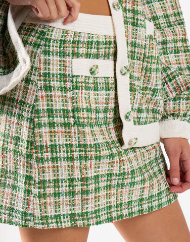 Green-Tweed-White High-Waisted Mini Skirt
