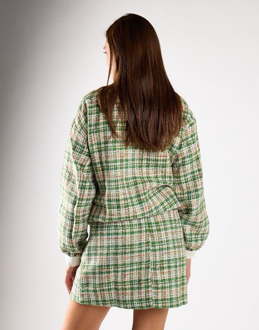 Green-Tweed-White High-Waisted Mini Skirt