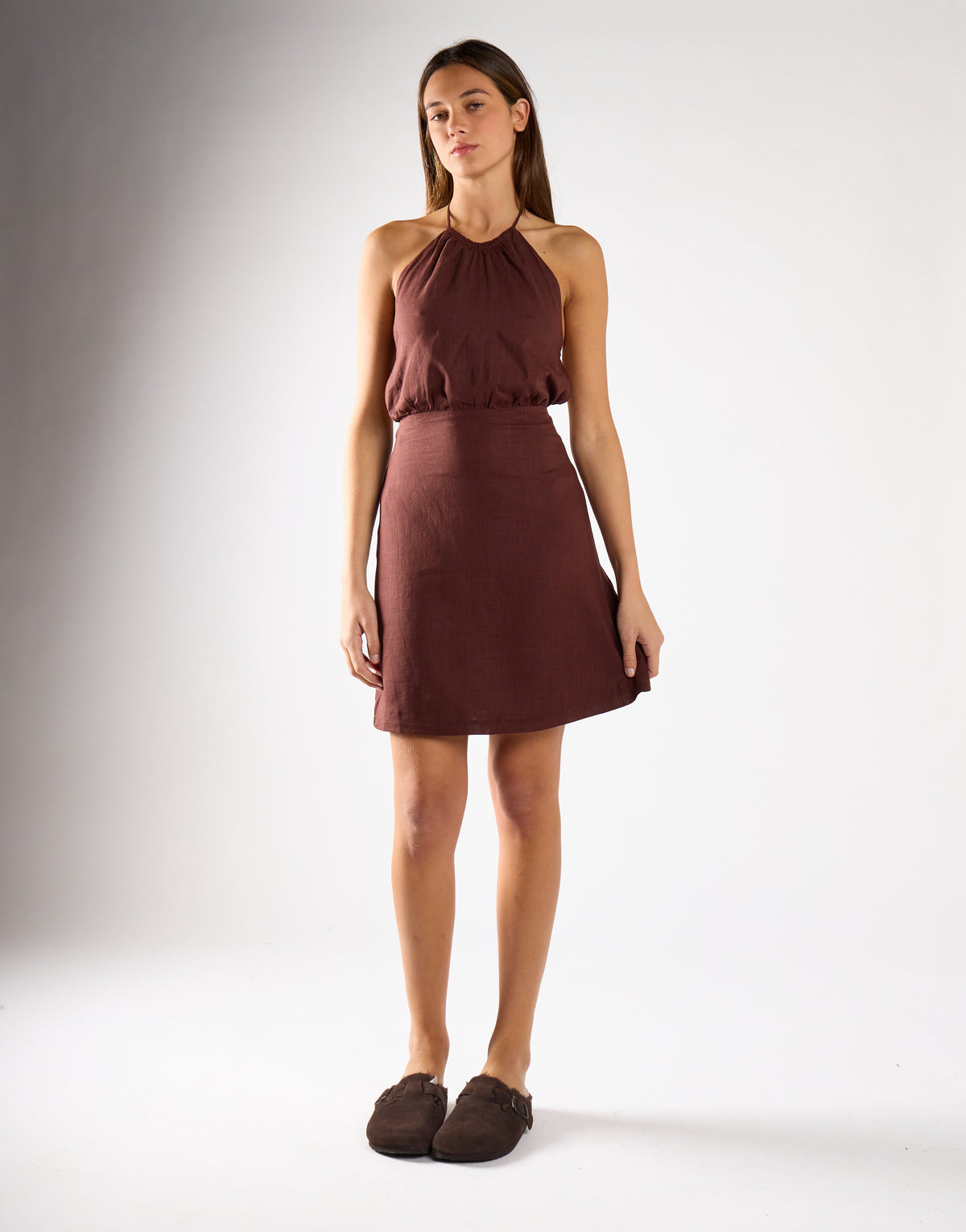 Brown-Linen Halterneck Mini Dress