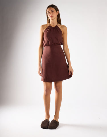Brown-Linen Halterneck Mini Dress