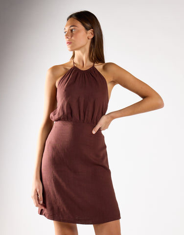 Brown-Linen Halterneck Mini Dress