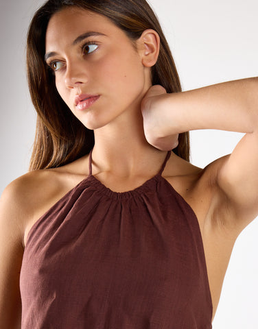 Brown-Linen Halterneck Mini Dress