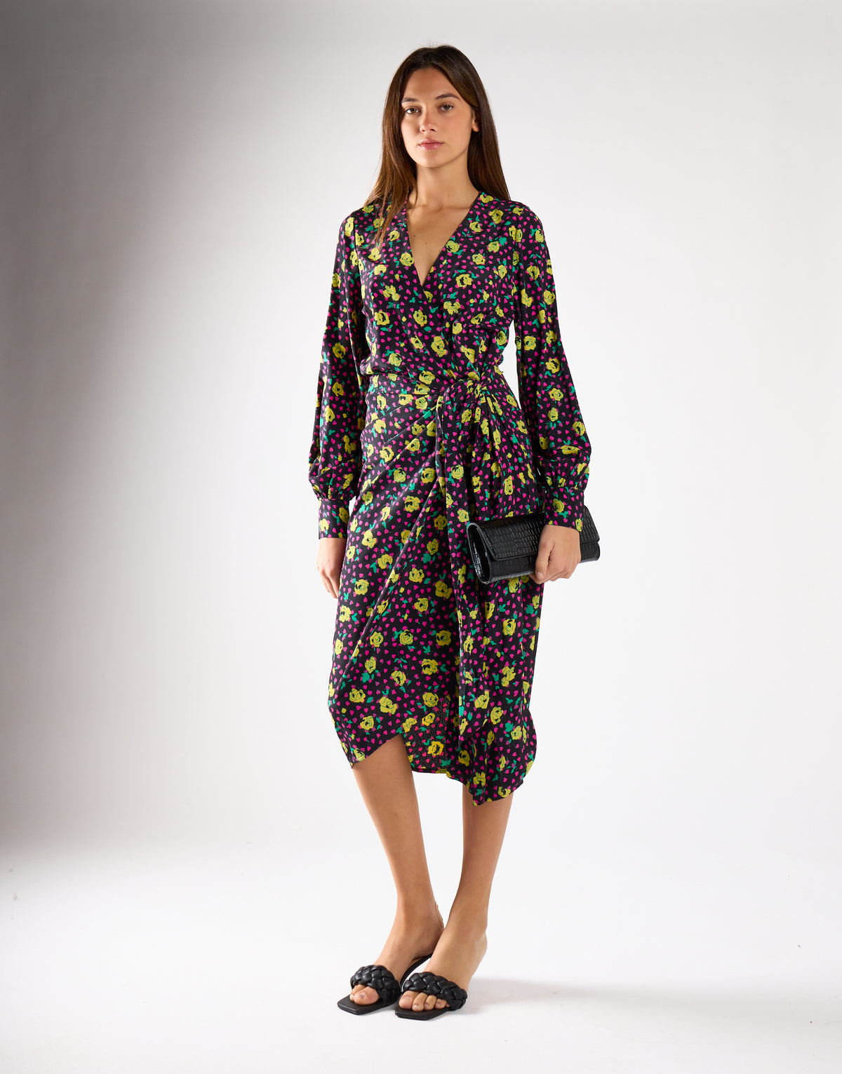 Black Multi-Roses Wrap Midi Dress