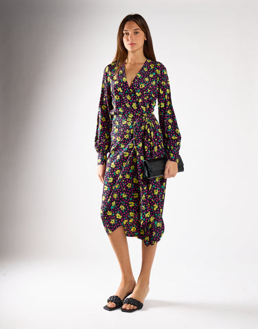 Black Multi-Roses Wrap Midi Dress