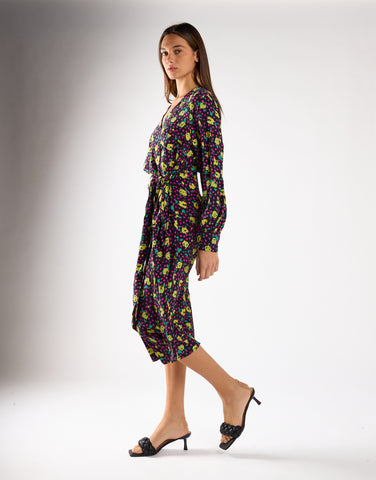 Black Multi-Roses Wrap Midi Dress