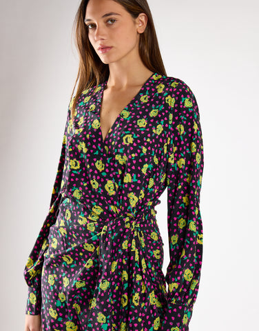 Black Multi-Roses Wrap Midi Dress