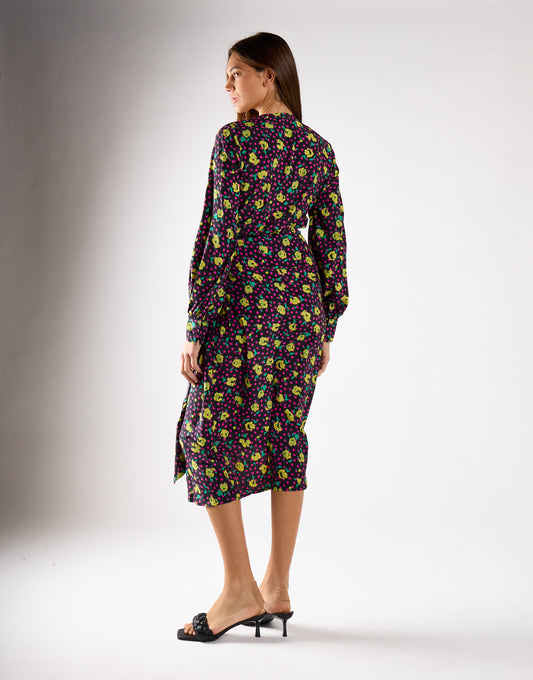 Black Multi-Roses Wrap Midi Dress