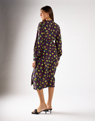 Black Multi-Roses Wrap Midi Dress