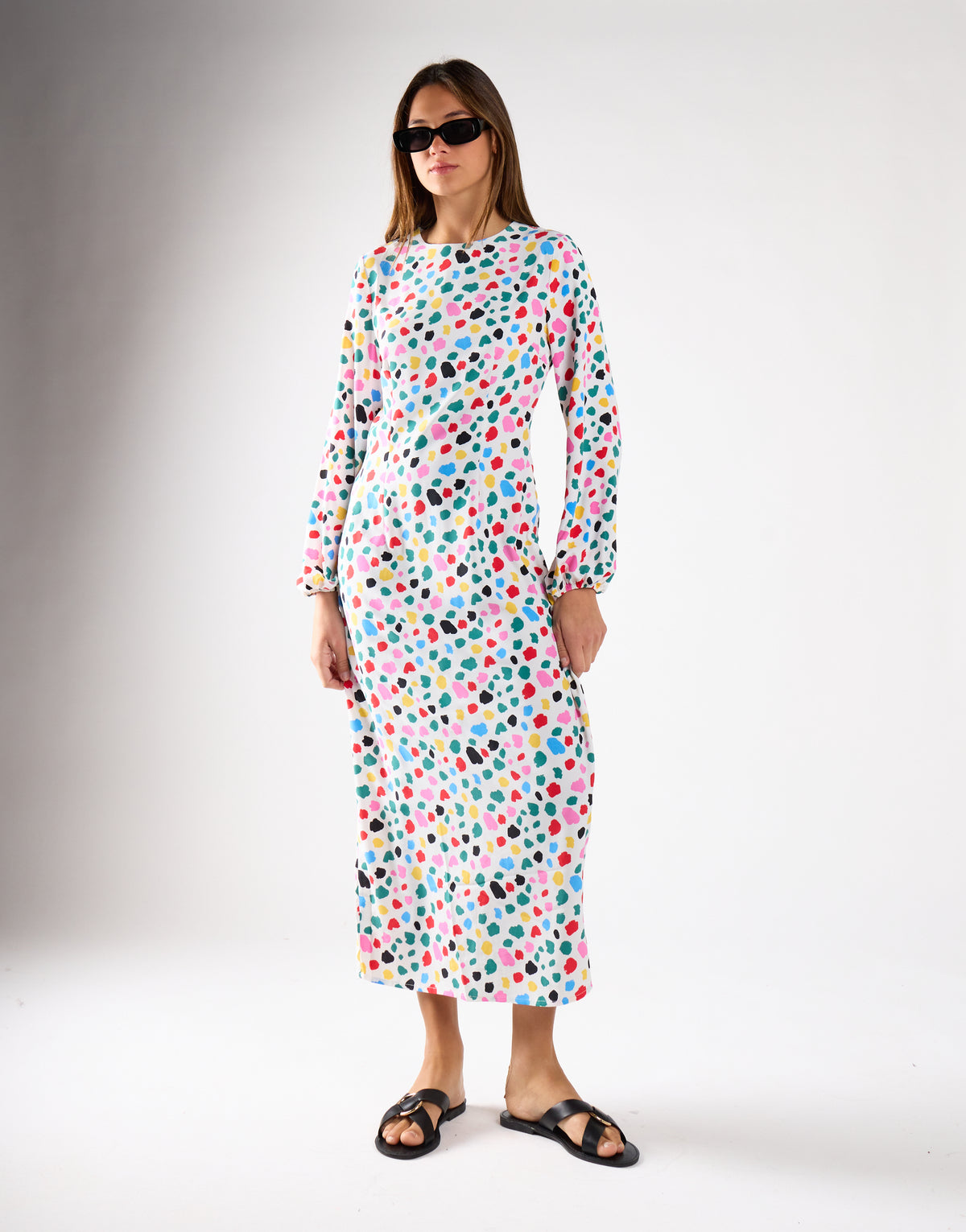 Abstract Spot Long-Sleeve Midi Dress