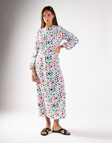 Abstract Spot Long-Sleeve Midi Dress
