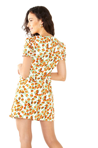 Abstract Fruit Wrap Short-Sleeve Mini-Dress