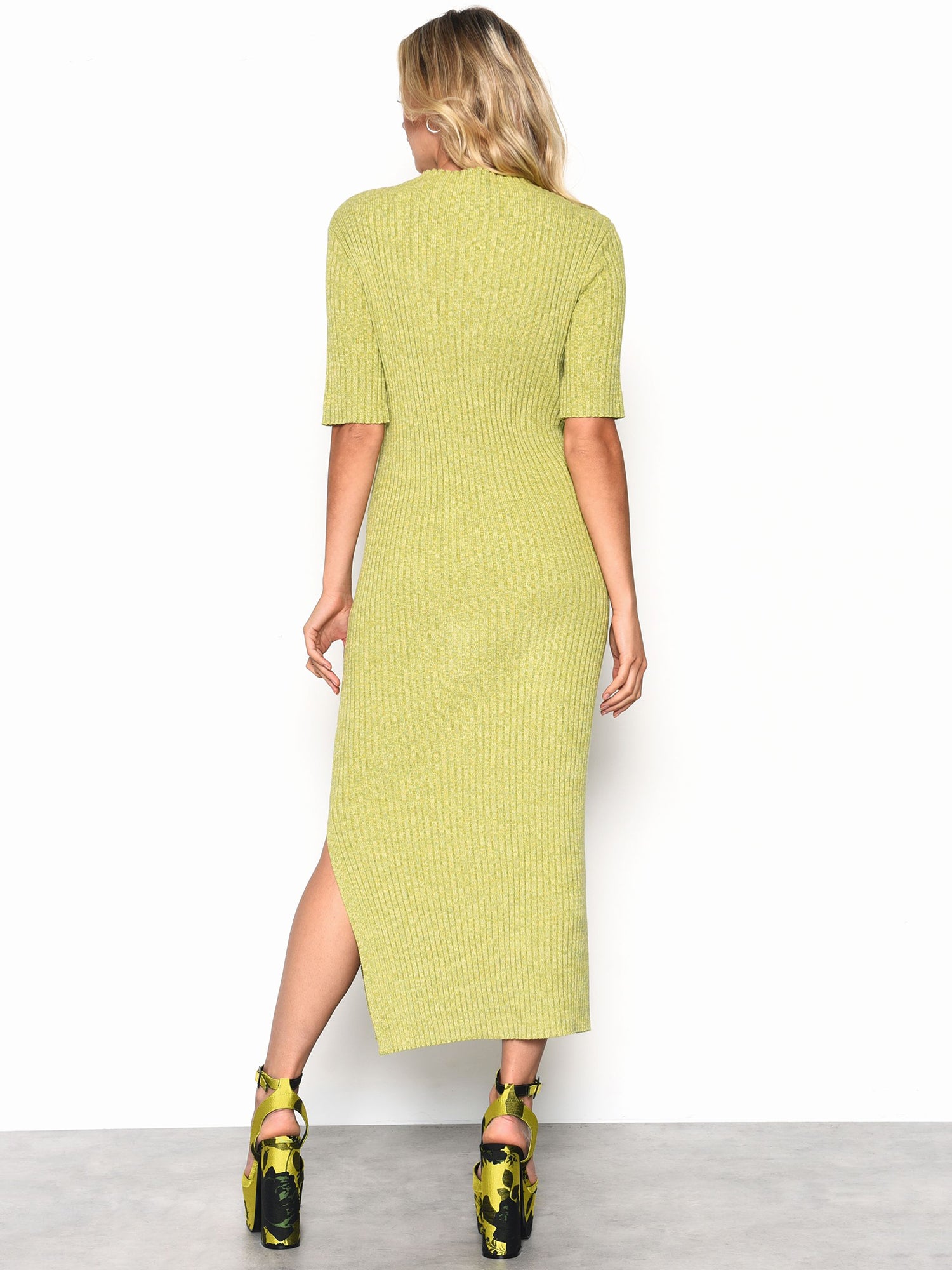 Glamorous Green Yellow Melange 3/4 Length Sleeve Side Split Midi Dress