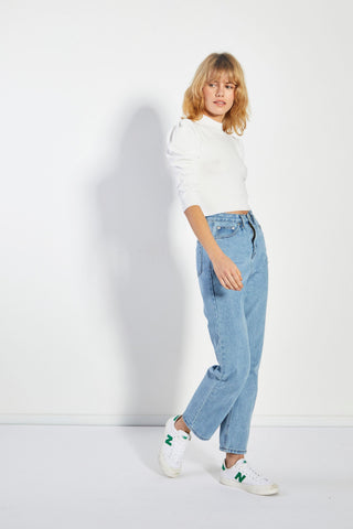 Glamorous White High Neck Puff Shoulder Top