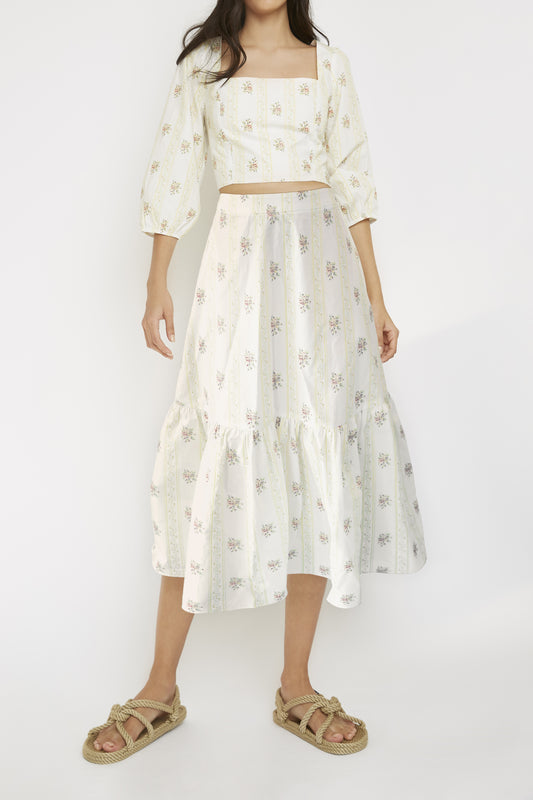 Glamorous Yellow Stripe Flower Ruffle Midi Skirt