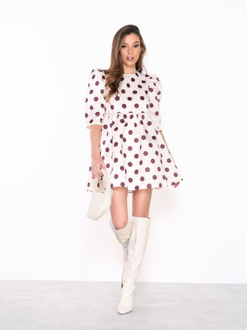 Glamorous Cream Plum Spot Puff Sleeve Skater Mini Dress