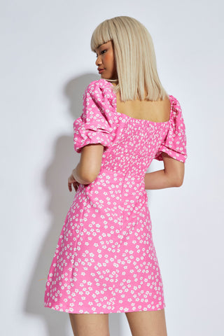 Glamorous Candy Pink Flower Square Neck Mini Dress