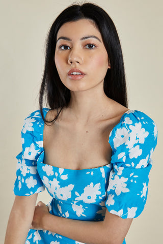 Glamorous Blue White Floral Puff Shoulder Mini Dress