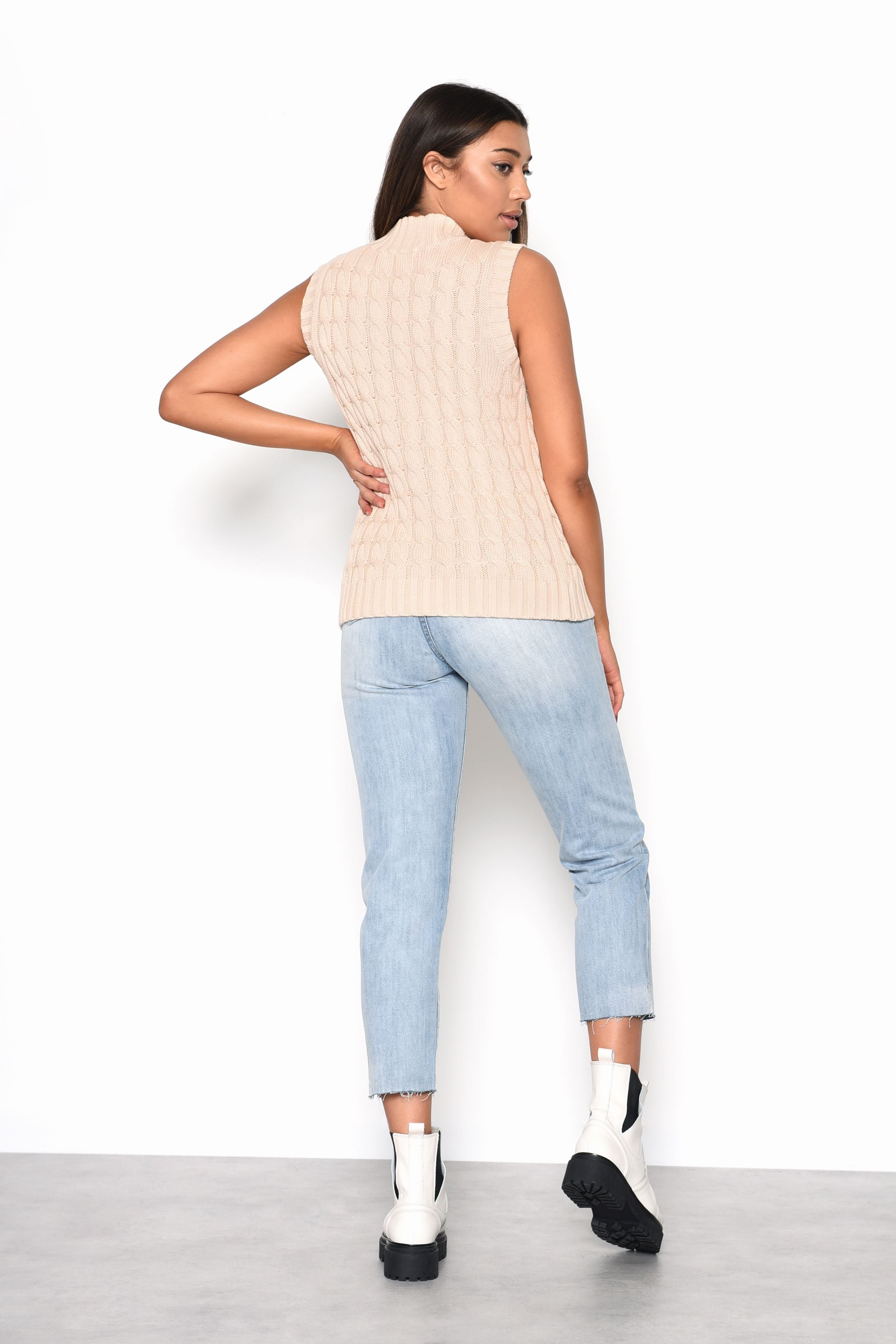 Glamorous Beige High Neck Ribbed Top