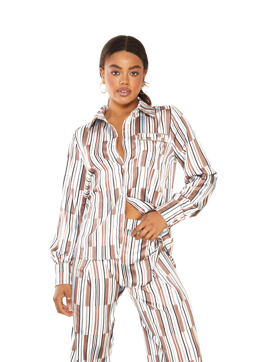 Glamorous Brown Blue Stripe High Waisted Trousers