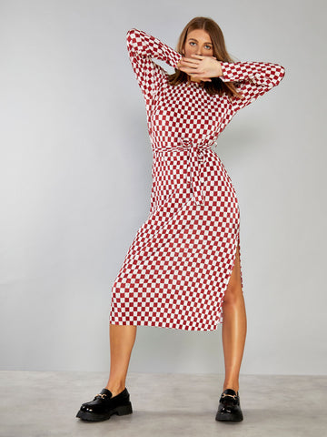 Glamorous Dark Red Check Plisse Side Split Tie Waist Midi Dress