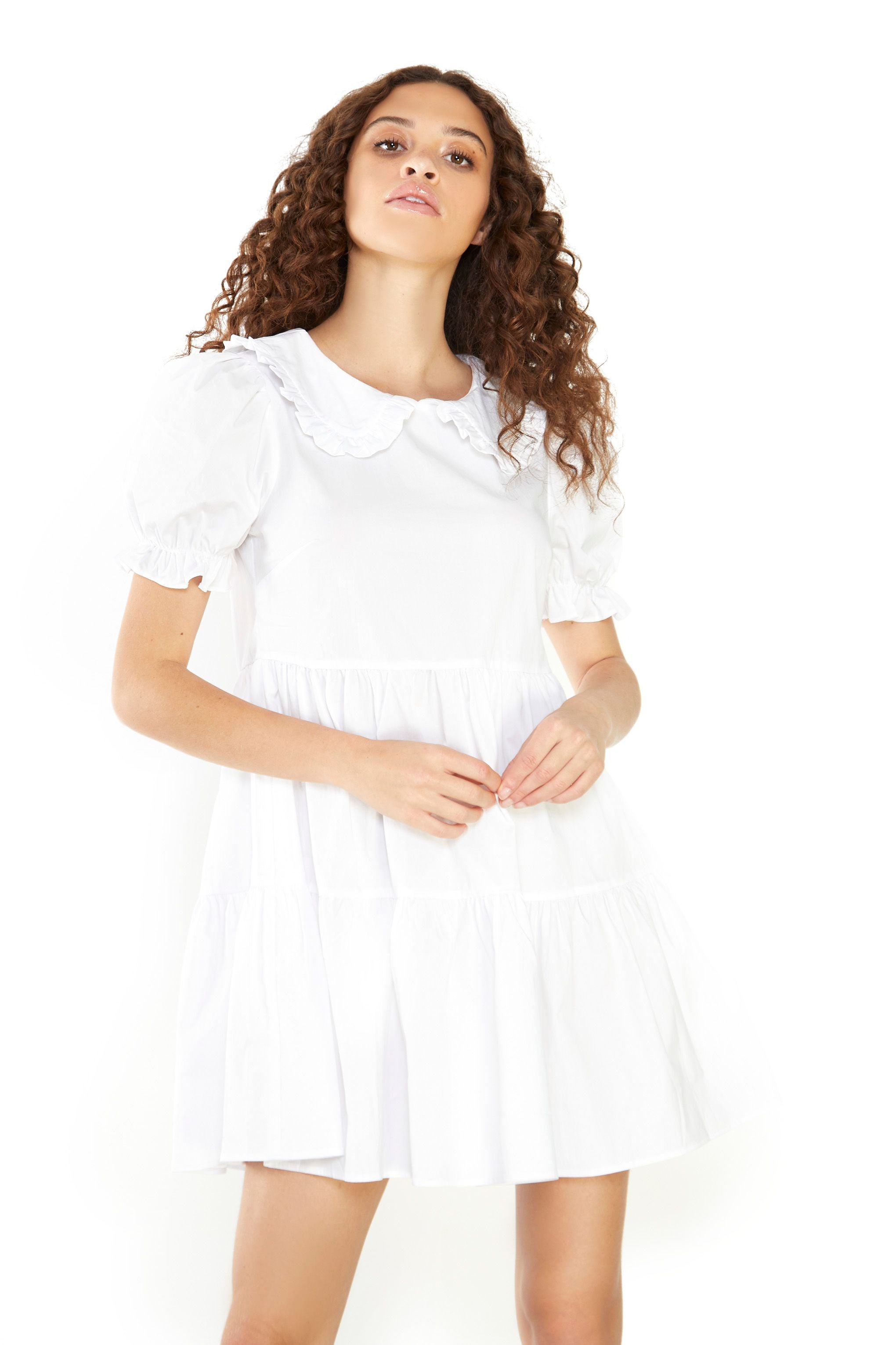 Glamorous White Collar Puff Shoulder Mini Dress