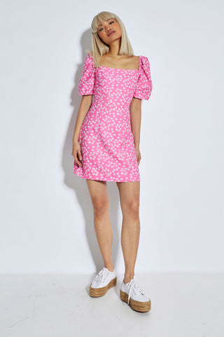Glamorous Candy Pink Flower Square Neck Mini Dress
