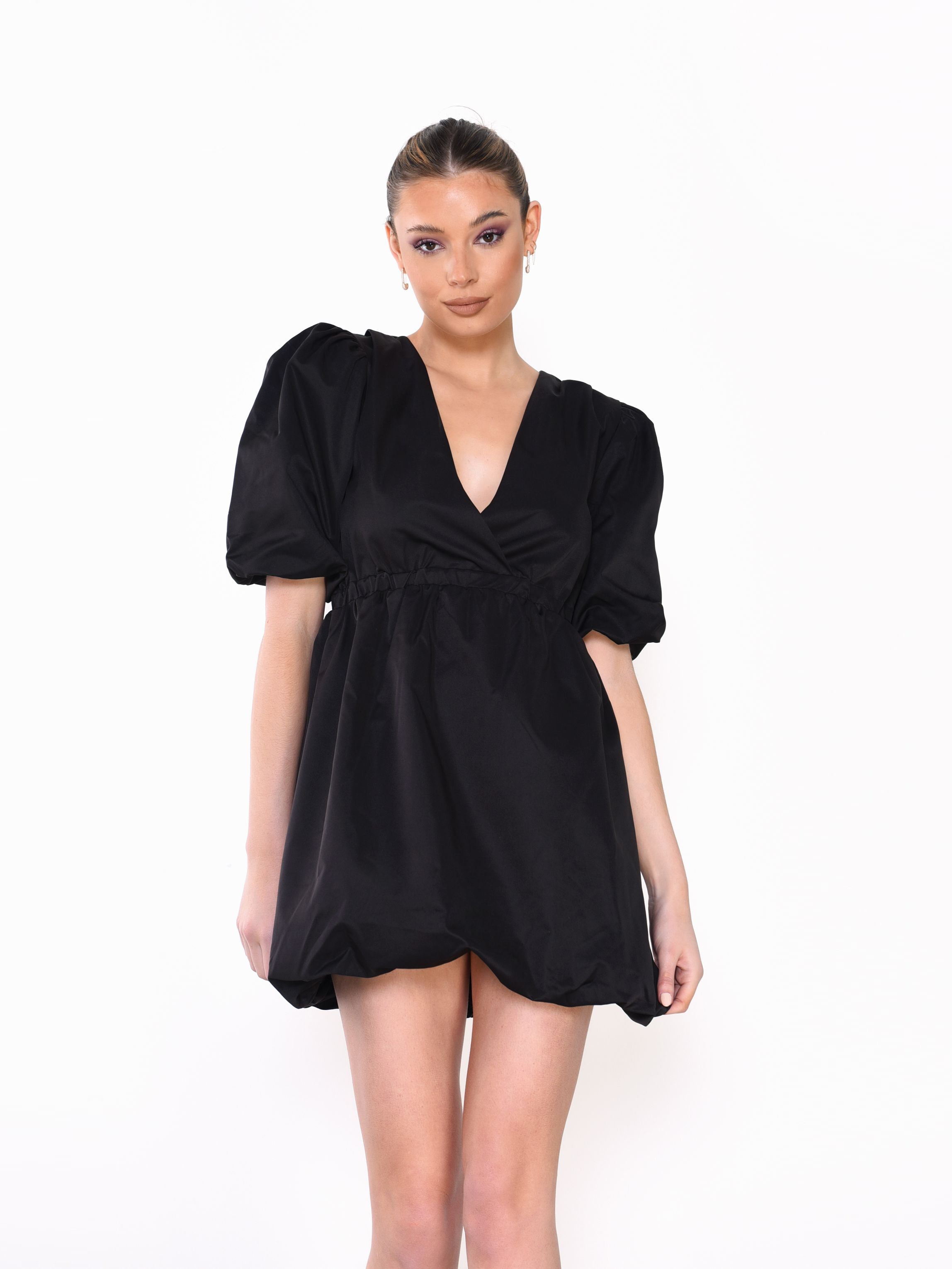 Glamorous Black Plunge Puffball Mini Dress