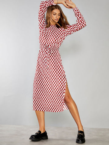 Glamorous Dark Red Check Plisse Side Split Tie Waist Midi Dress