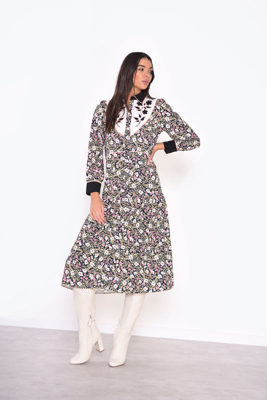 Glamorous Navy Folk Floral Black Collar Midi Dress