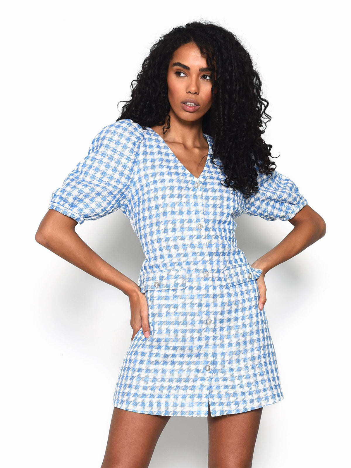 Blue Houndstooth Style Mini Dress