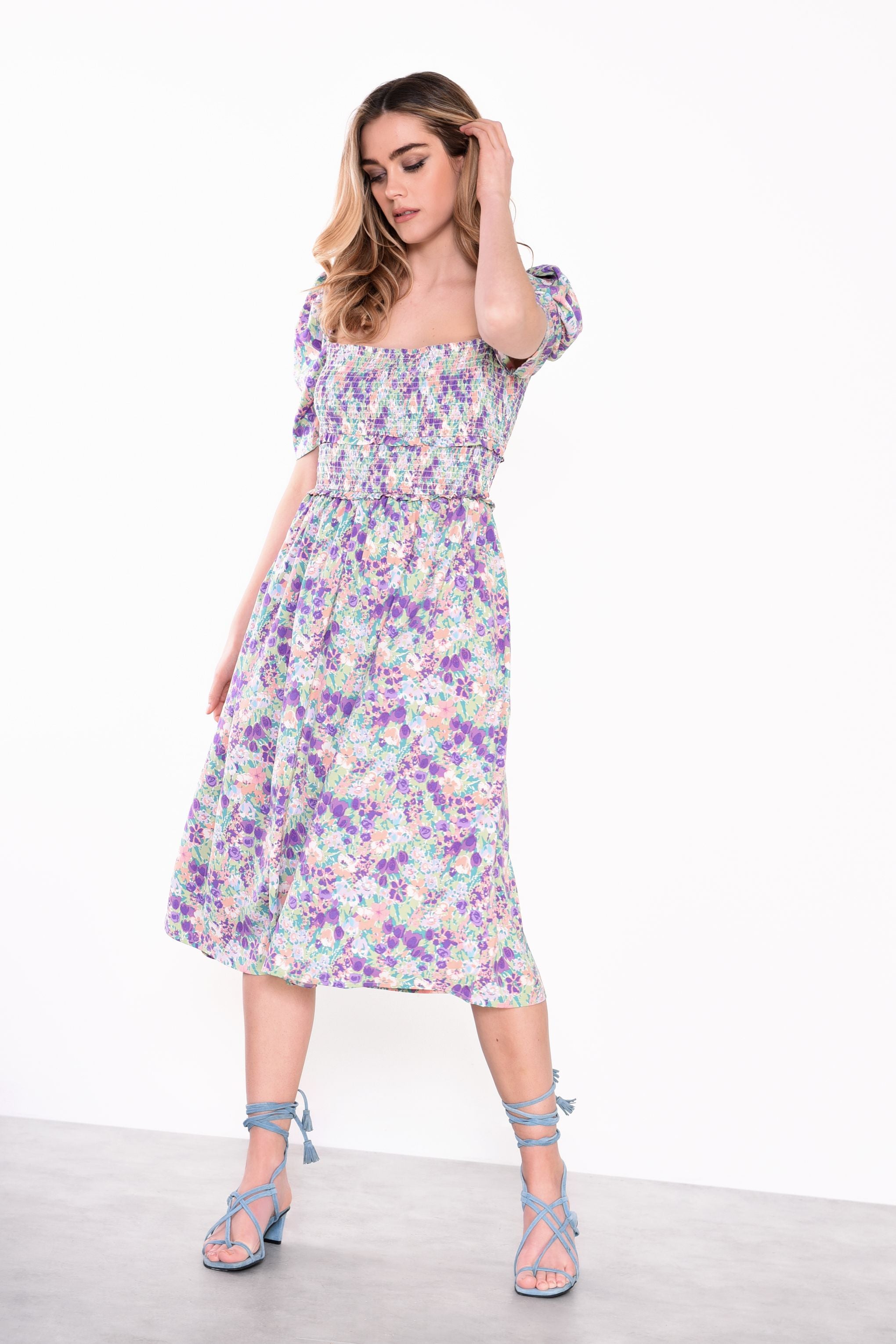 Glamorous Lilac Garden Floral Square Neck Short Sleeve Midi Dress