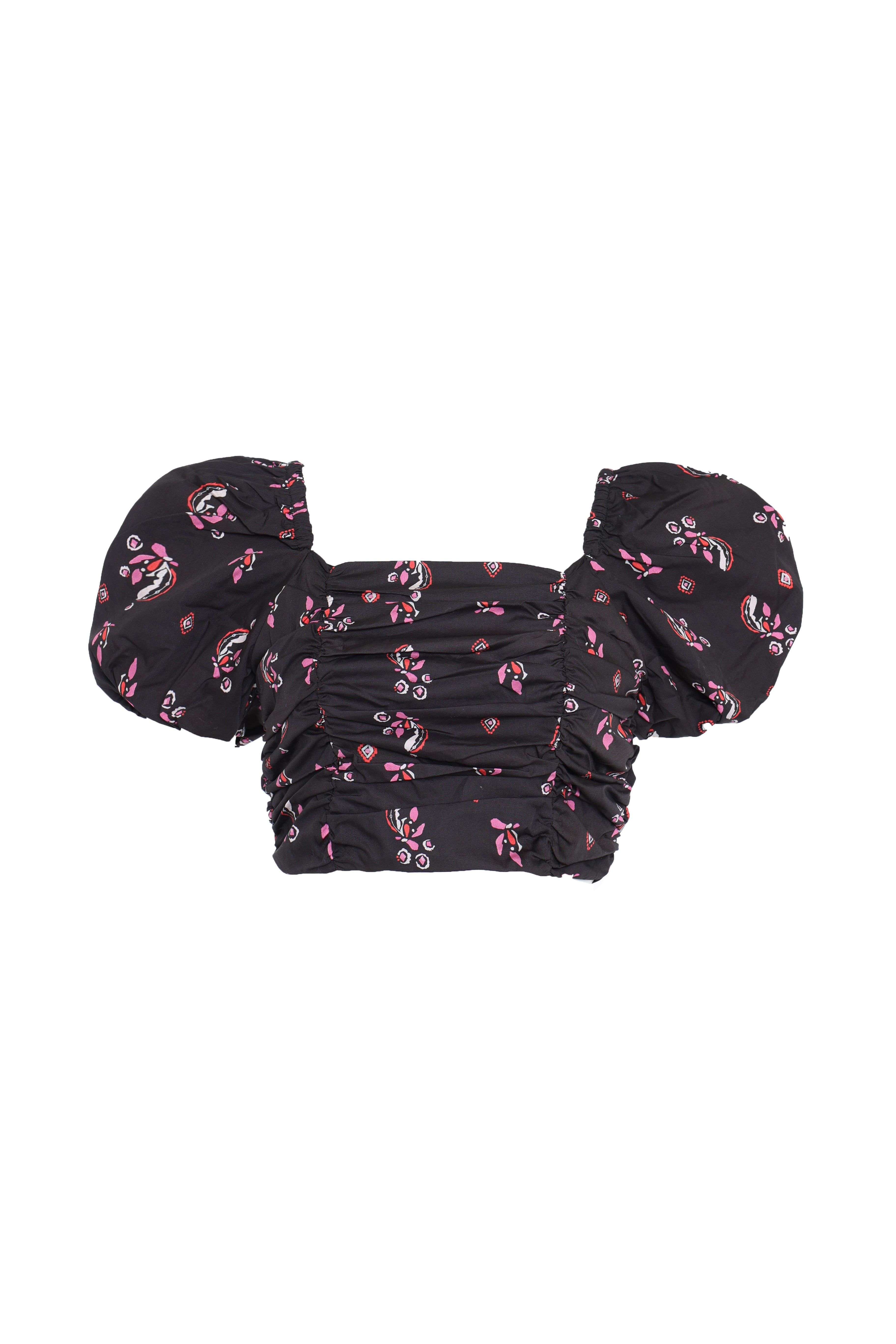 Glamorous Black Pink Motif Puff Shoulder Crop Top