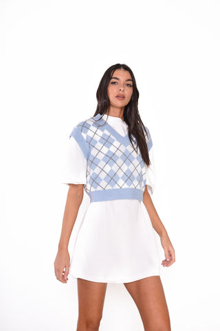 Glamorous Blue Argyle Sleeveless Knit Crop Jumper