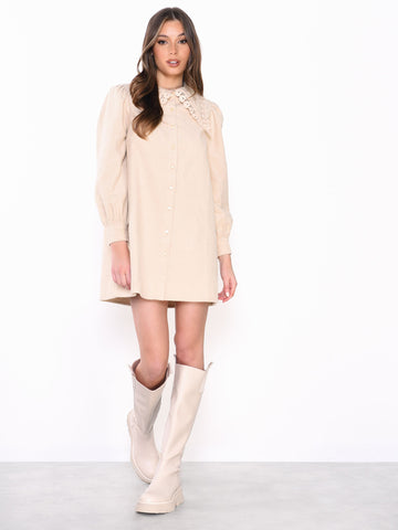 Glamorous Stone Corduroy Collar Button Front Mini Dress
