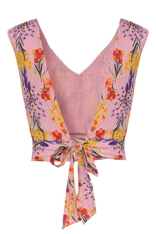 Glamorous Pink Orange Flower Pattern Tie Back V-Neck Crop Blouse