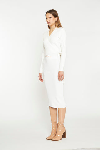 Off White Rib Knit Midi-Skirt