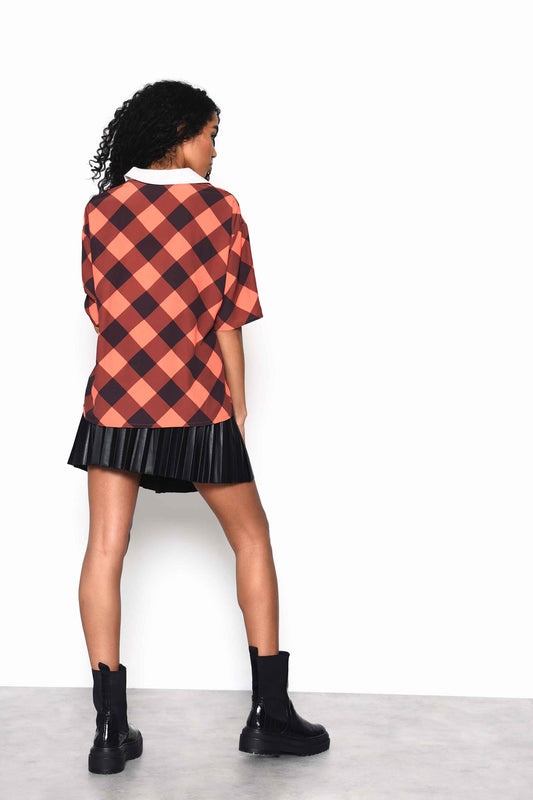 Glamorous Orange Check Oversized Top with Contrasting White Collar