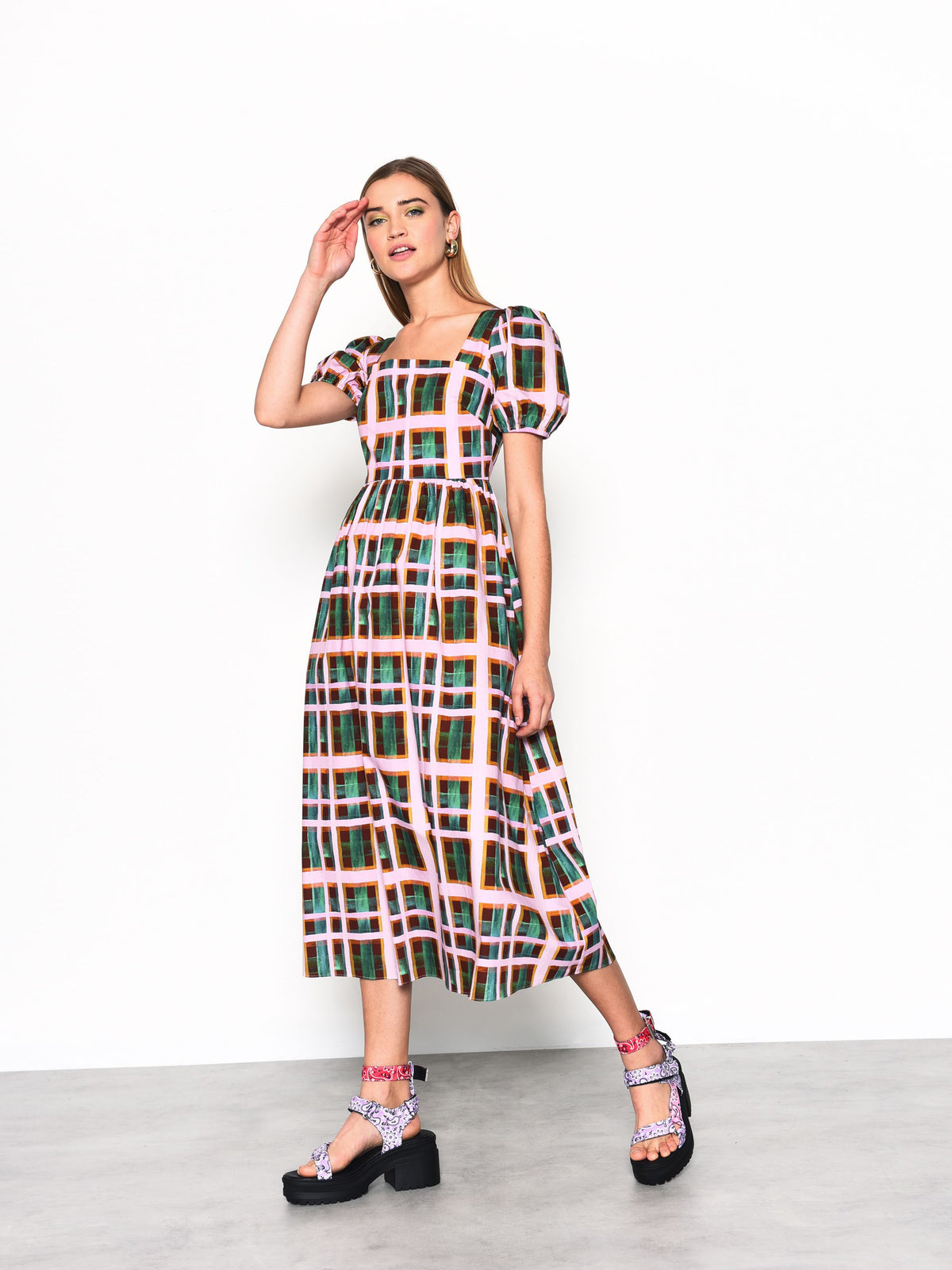 Green Orchid Check Puff Sleeve Midi Dress