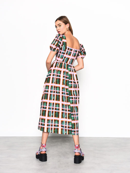 Green Orchid Check Puff Sleeve Midi Dress