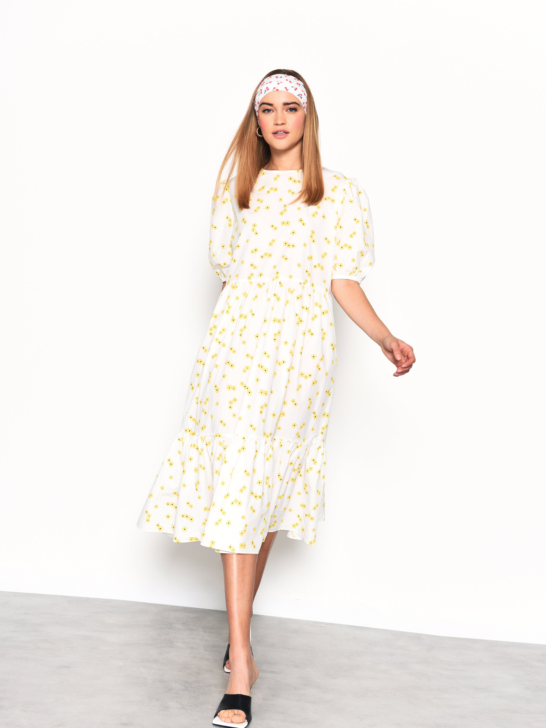 Glamorous White Yellow Flower Midi Dress