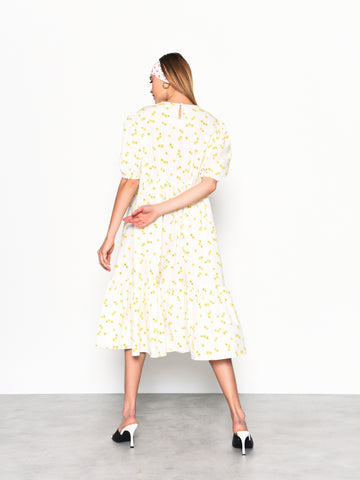 Glamorous White Yellow Flower Midi Dress